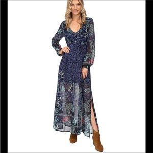 Billabong Clearest Melody Dress Navy Floral Long Sleeve Boho Vneck Sz L